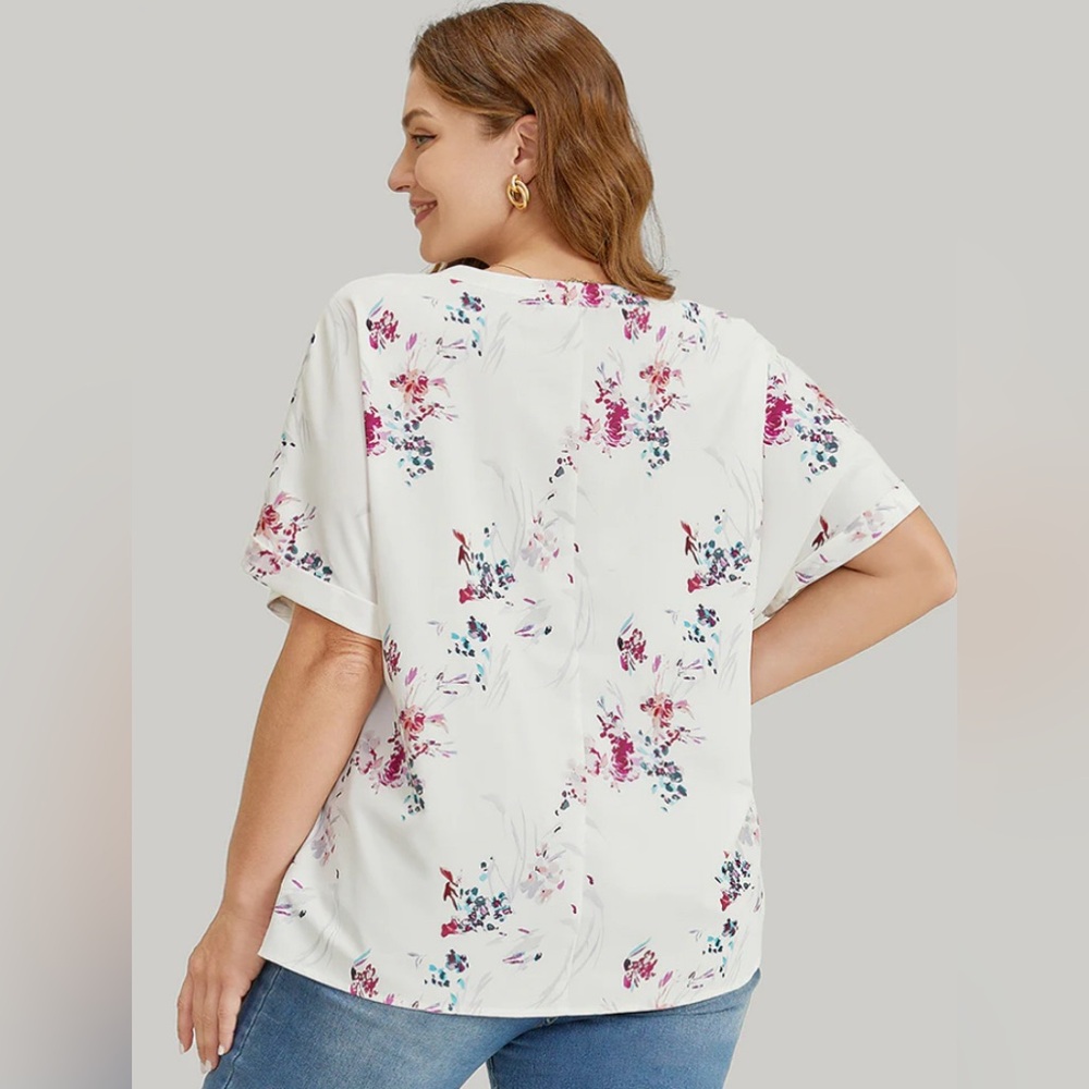 BloomChic White Floral V-Neck Blouse with Pink & Blue Accents - Picture 2 of 6